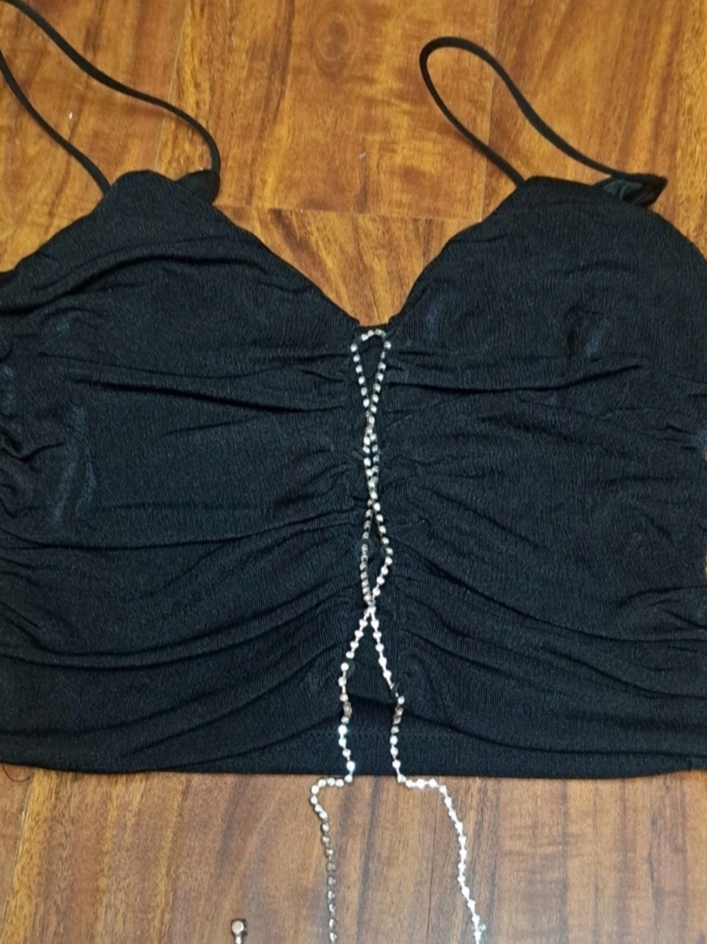 Black Ruched Spaghetti-Strap Crop Top with Silver  Rhinestone Detail Sz Small